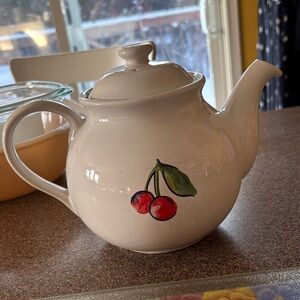 White Teapot with Cherry Design